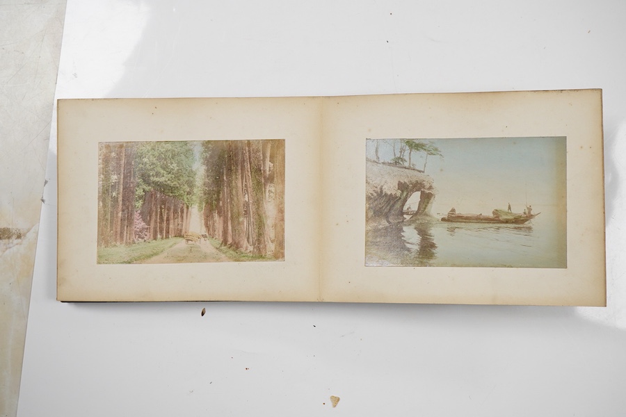 An early 20th century Japanese bone inlaid lacquer photograph album containing coloured photographs of people and Japanese scenes.19.5cm wide x 15.5cm high